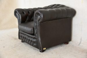 low back chesterfield chair in ant. brown