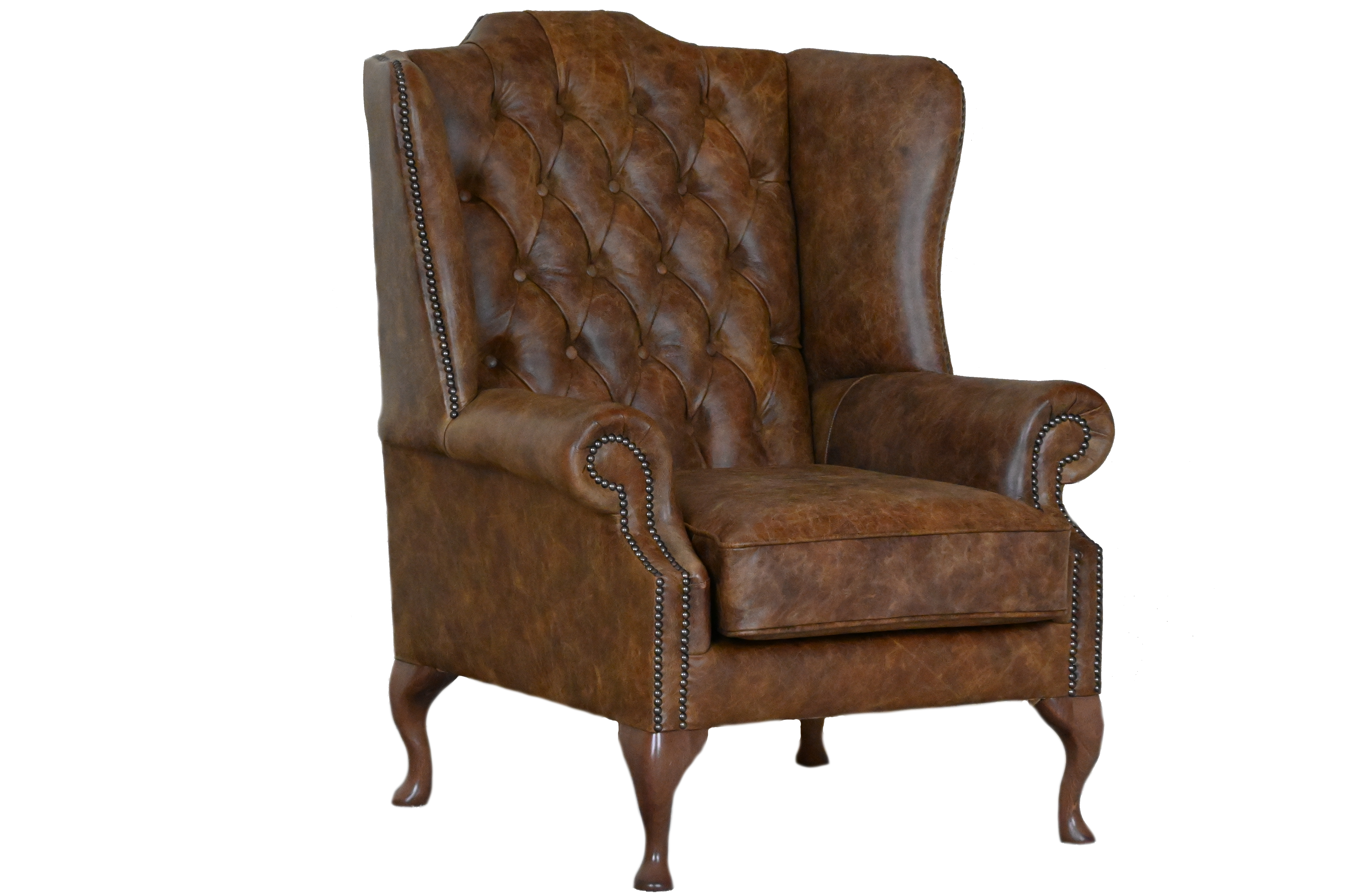 Ontdek de High Class Flat Wingchair Collection actie met tijdloze Chesterfield oorfauteuils in luxe leer in de kleur Vintage Tobacco