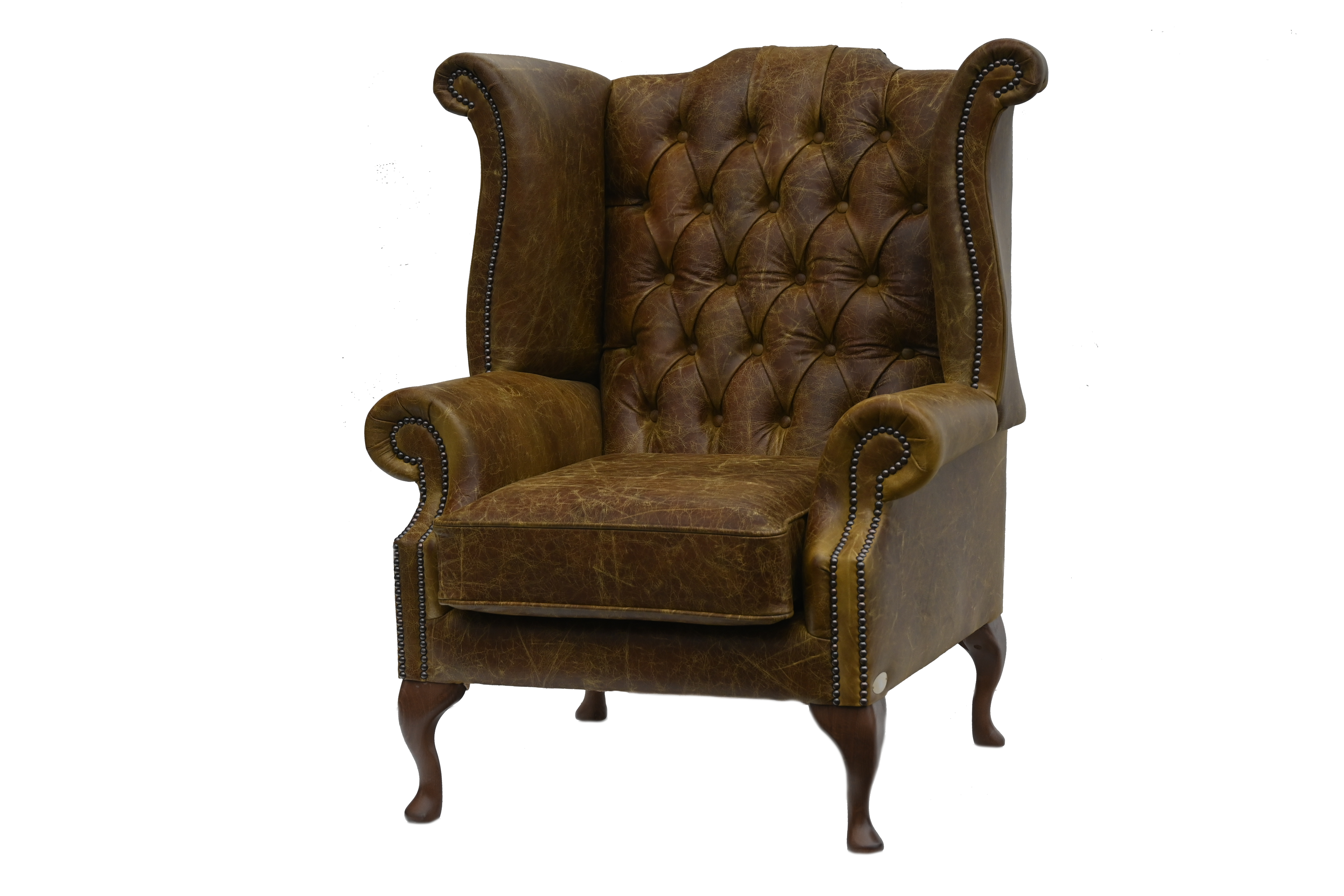 Ontdek de High Class Scroll Wingchair Collection actie met tijdloze Chesterfield oorfauteuils in luxe leer in de kleur Vintage Cognac