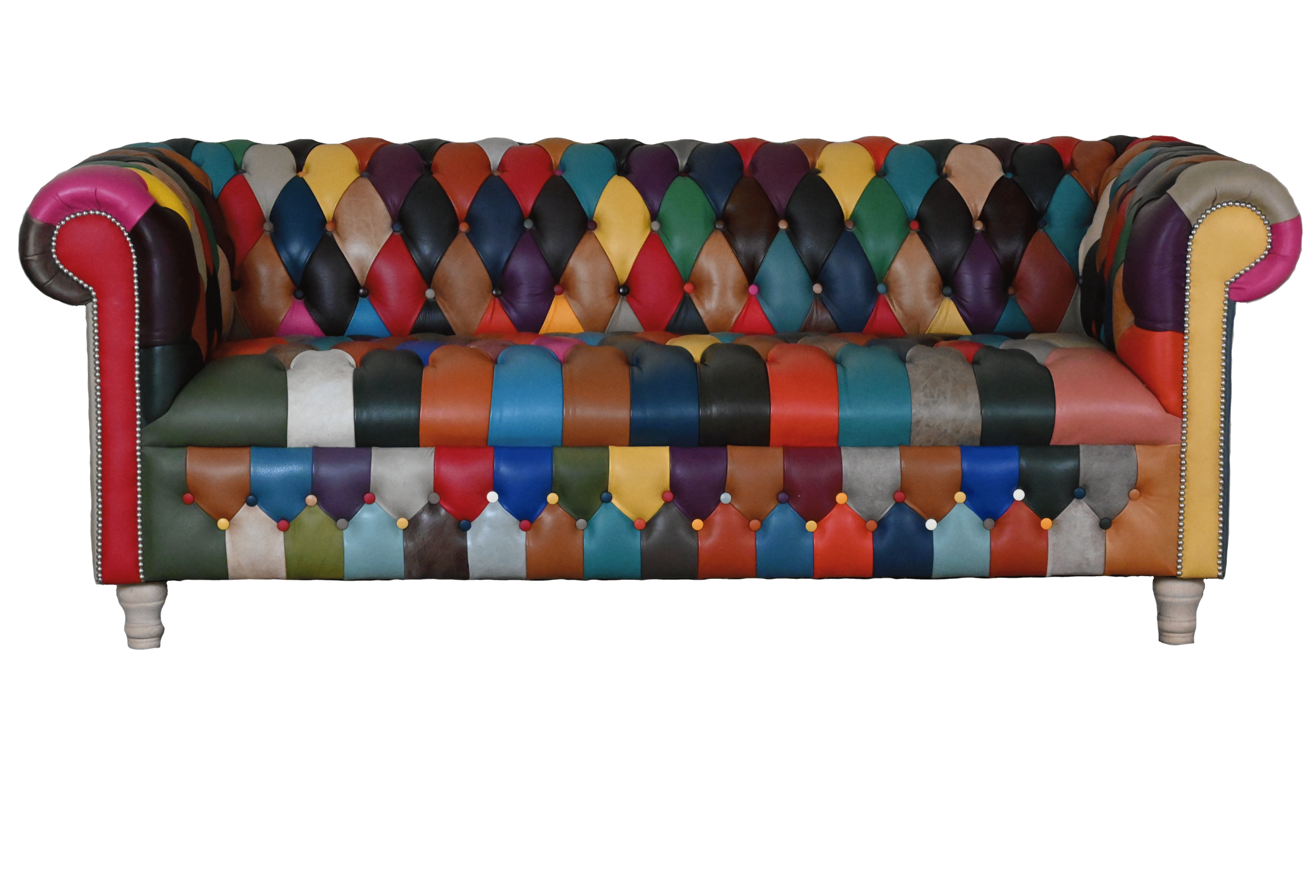 Bijna nieuwe multicolor Chesterfield bank met medium zitcomfort. Duurzaam, scherp geprijsd en geleverd met garantie. Delta Chesterfield service.