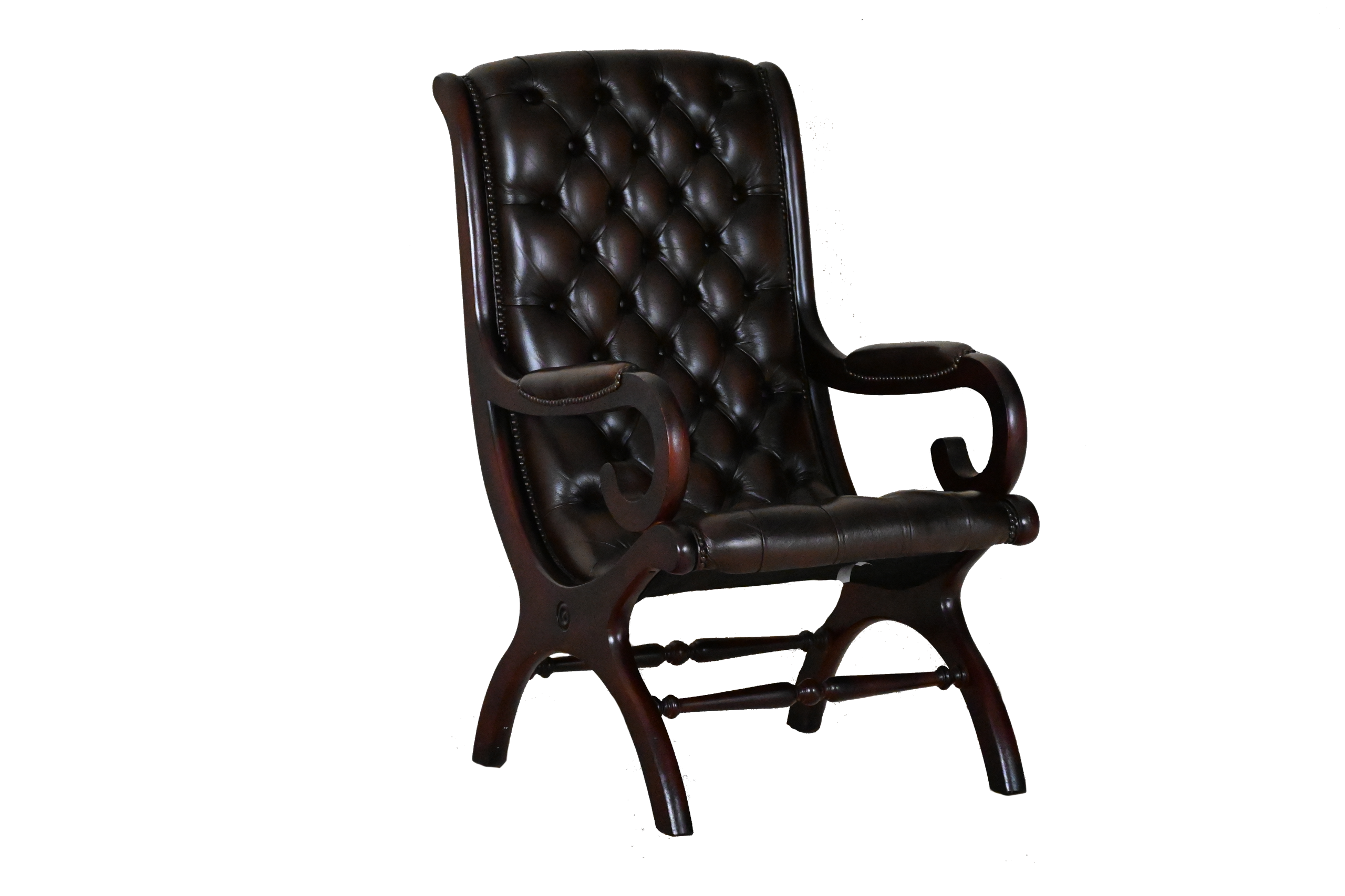 Stevig zitten op een decoratieve Slipper Stand Chair Chesterfield stoel met geknoopte rug en zitting. In topstaat, met garantie. Duurzaam en stijlvol.